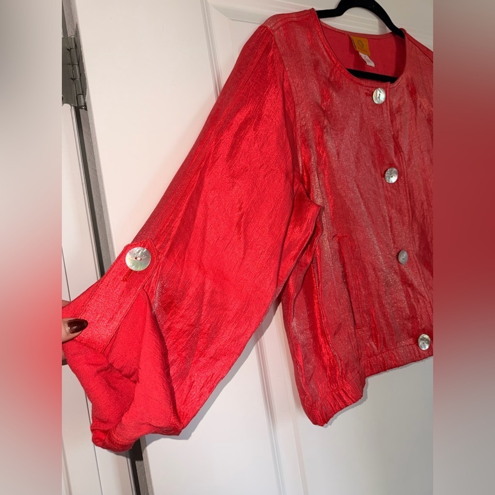 Ruby Rd. Vibrant Red Crinkle Cropped Shirt Jacket with Silver Accent Buttons - Picture 3 of 6